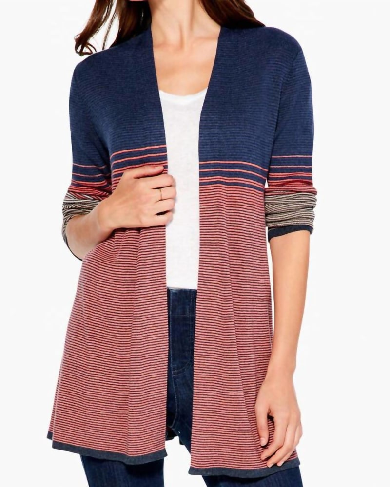 Front of a model wearing a size L Ombre Twirl Cardigan in Orange Multi in Orange Multi by Nic + Zoe. | dia_product_style_image_id:327247